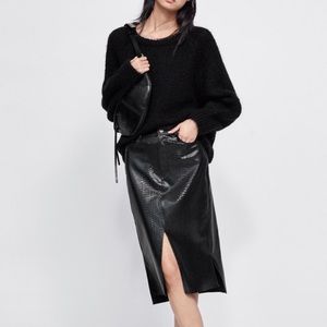 Zara Embroidered Black Faux Leather Skirt